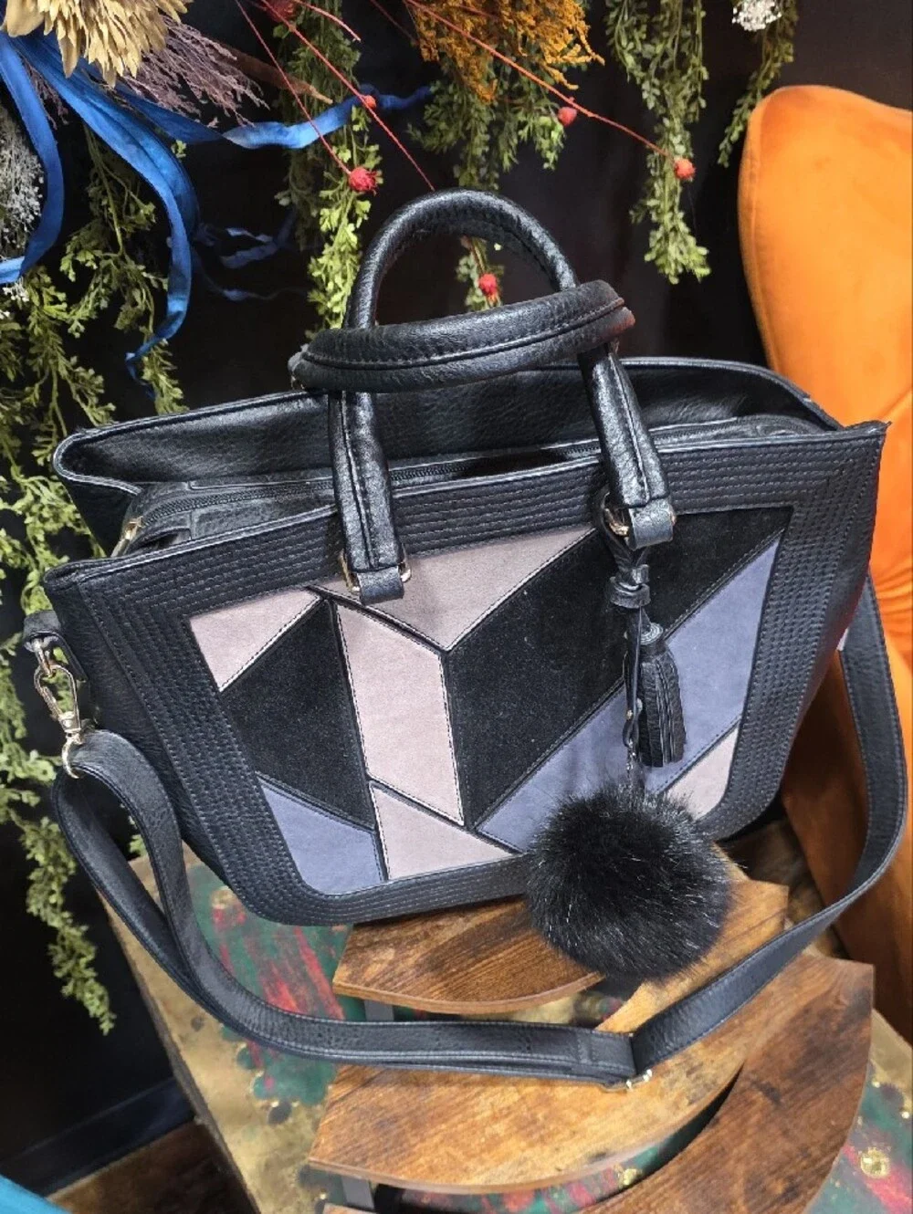 Black Geometric Panel Shoulder Bag with Pom Accent